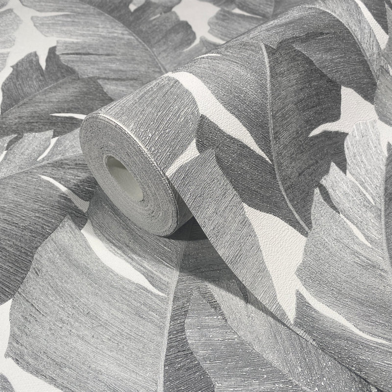 The New Design Book Industrial Effects Industrial Effects Palm Leaf Wallpaper Roll 10.05m x 53cm, Black