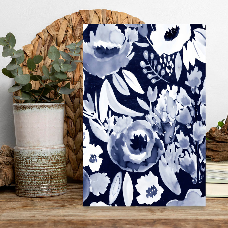 Bleu abstrait floral abstrait élégant, art mural romantique, 18" H x 12" W