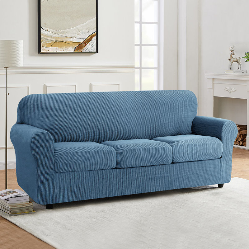 4 Piece Stretch Jacquard Couch Cover, Sofa Slipcover for 3 Cushion Couch, Machine Washable Furniture Protector(Sofa, Denim Blue)