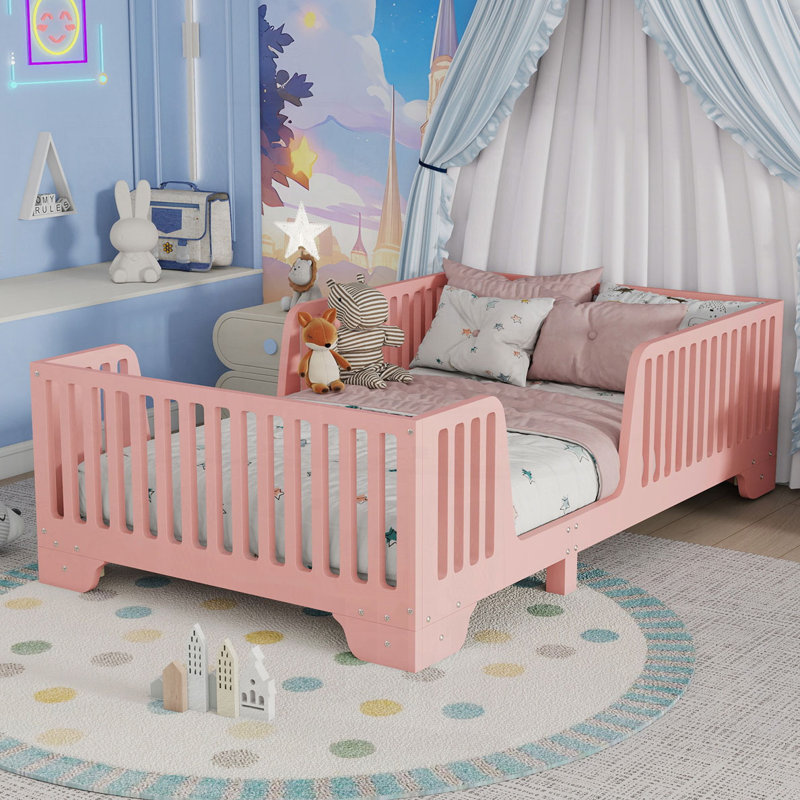 Lit simple au sol avec lattes et clôture, lits simples au sol avec porte Montessori, aucun sommier tapissier requis,, Rose