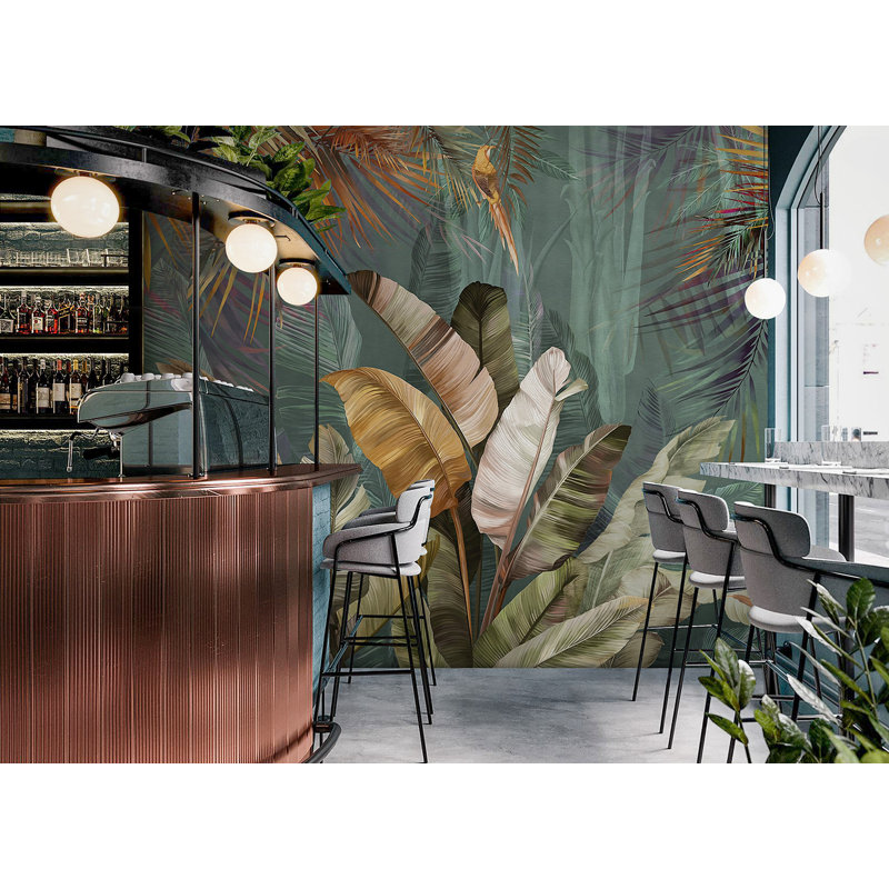 Murale forêt luxuriante avec palmiers et perroquet, Vert, L 55 po x l 81 po