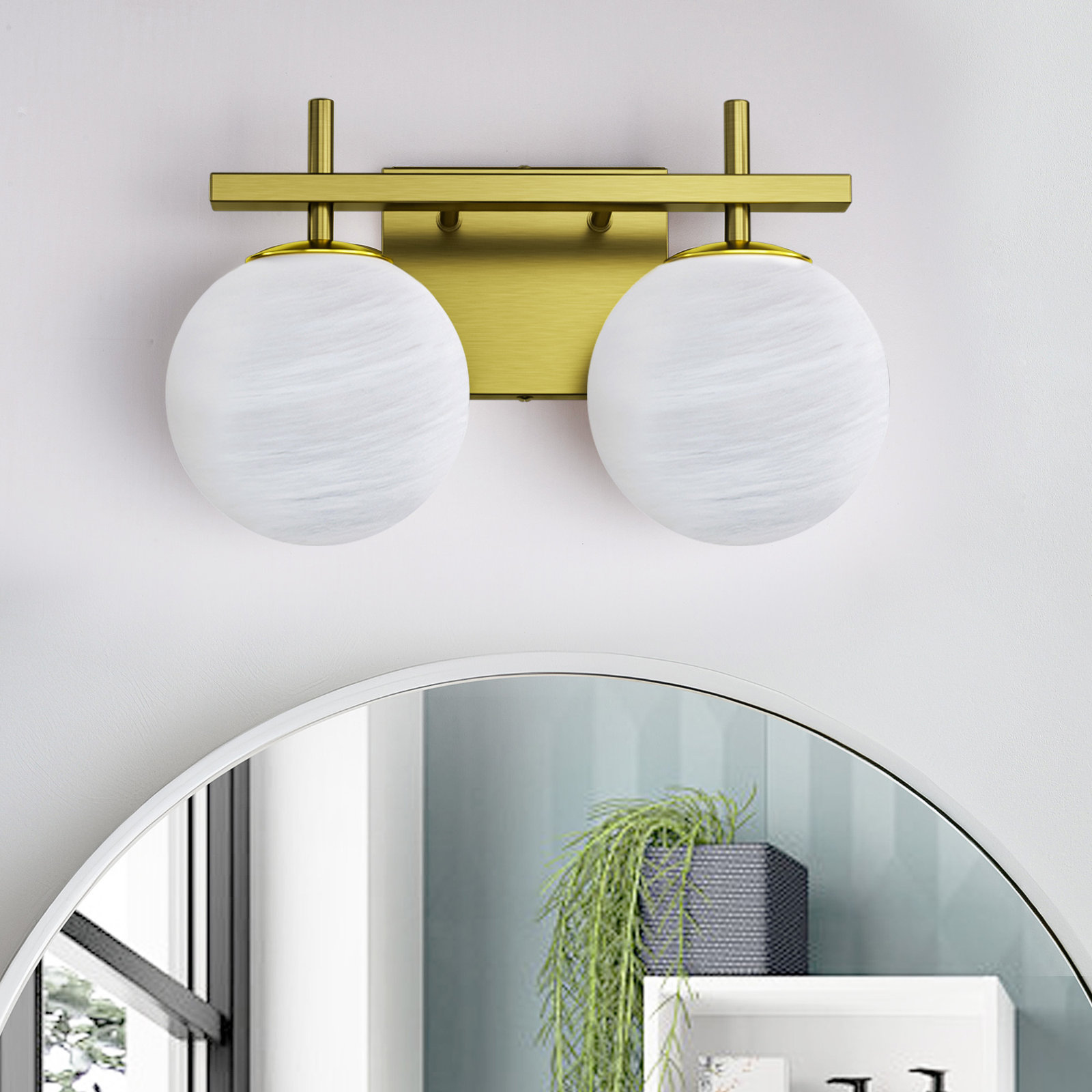 Bathroom Vanity Light With Round Shape Cloud Glass Shade, 2, Polished Brass