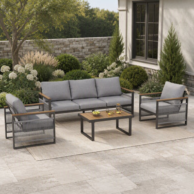 Ensemble de mobilier d'extérieur en métal 4 pièces, canapé d'extérieur 5 places avec coussin, mobilier d'extérieur moderne pour terrasse, jardin, balcon, gris et naturel