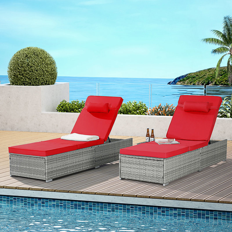 Set Of 2 Outdoor Chaise Lounge Chair, Patio Pool Chairs, Red