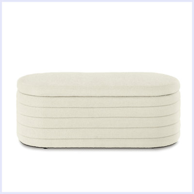 Modern Oval Storage Ottoman Bench, Upholstered Boucle Teddy Fabric End of Bed Bench with Storage