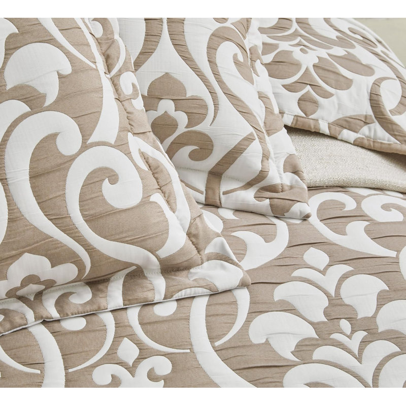 5-Piece Oversized Jacquard Matelasse Floral Damask Bedspread Set, Oversized King Coverlet + 4 King Shams, White/Taupe Damask