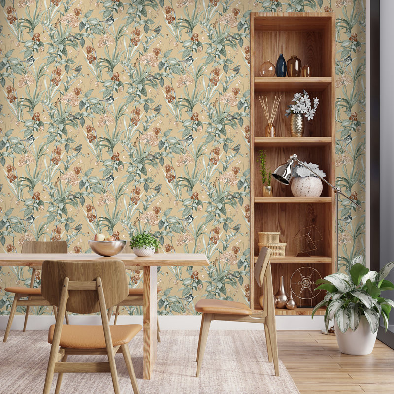 Papier peint botanique Mint Birds and Dragonflies, Jaune
