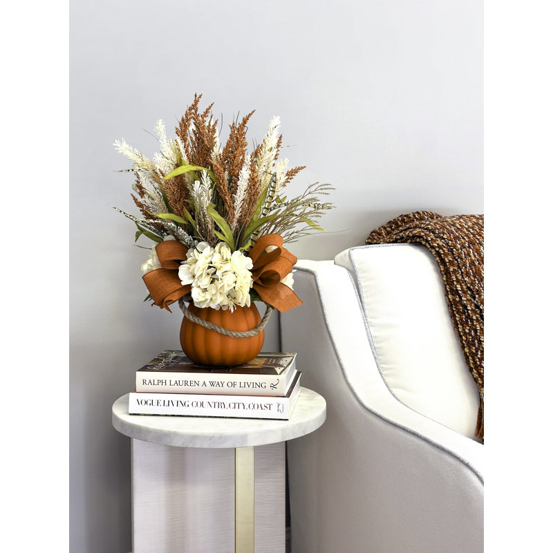 Fall Arrangement with Hydrangea and Wheat in Pumpkin Glass