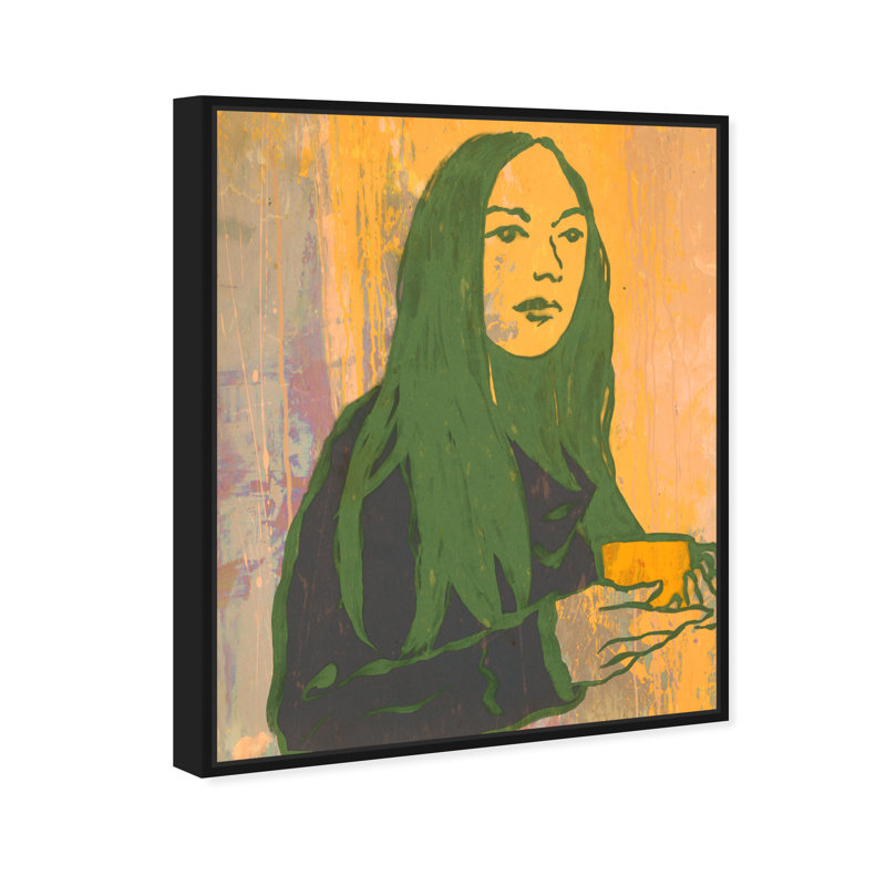 Lady Green Tea - peinture sur toile, Toile avec cadre noir, H 36 po x l 30 po