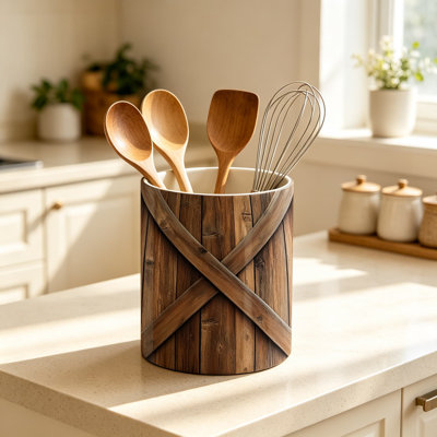 Vintage Barn Door Ceramic Utensil Holder for Kitchen Countertop, Large Wooden Cooking Utensil Crock Organizer for Spatulas and Spoons, Rustic Kitchen Decor