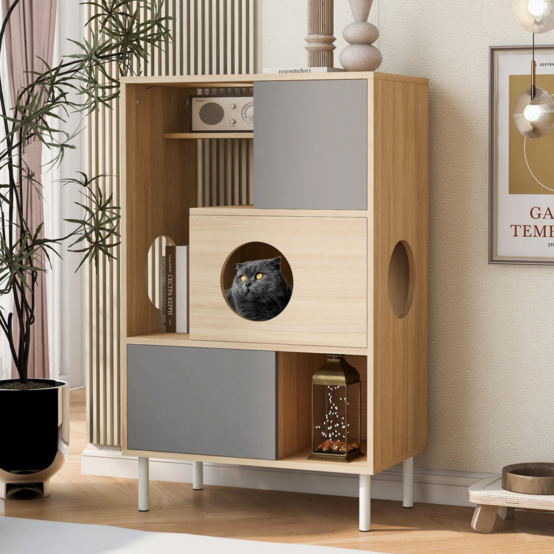Armoire naturelle de style meuble pour chats, espace de sieste confortable et solution de rangement