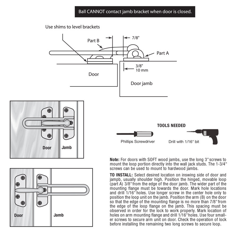 Serrure à barre pivotante pour portes battantes à charnières - Serrure de sécurité secondaire pour porte et sécurité, barre de 3 7/8 po de longueur, construction en zinc moulé sous pression, finition chromée brossée (paquet simple)