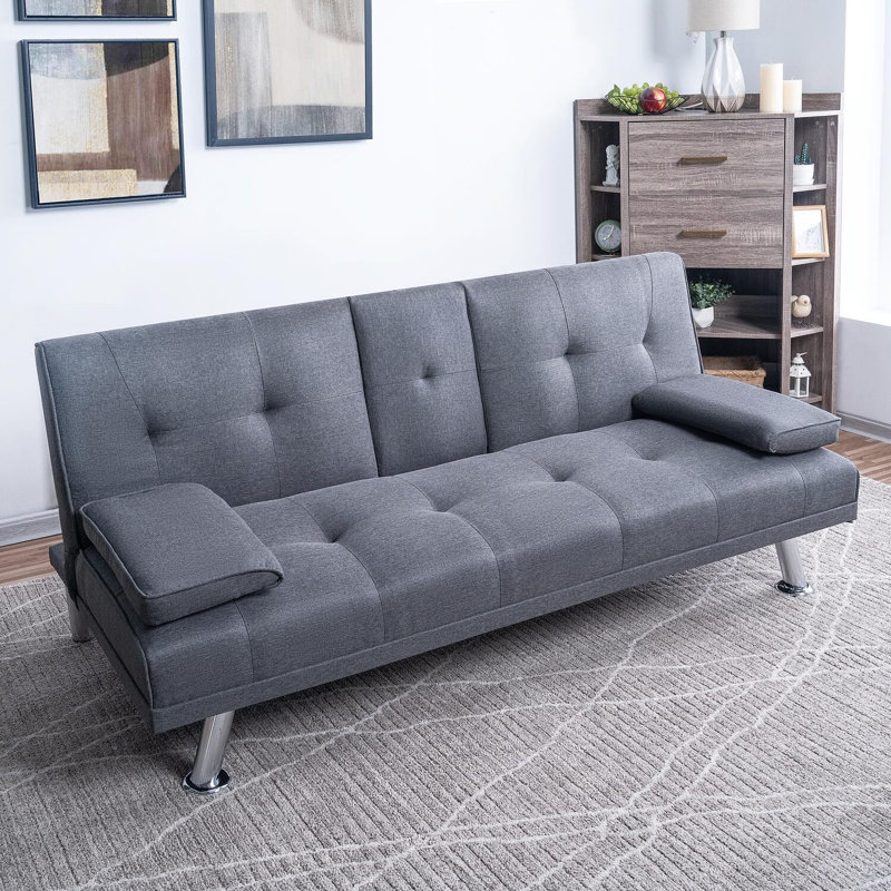 Canapé-lit futon avec accoudoirs, porte-gobelets et fonction inclinable, idéal pour les salons confortables, Gris foncé