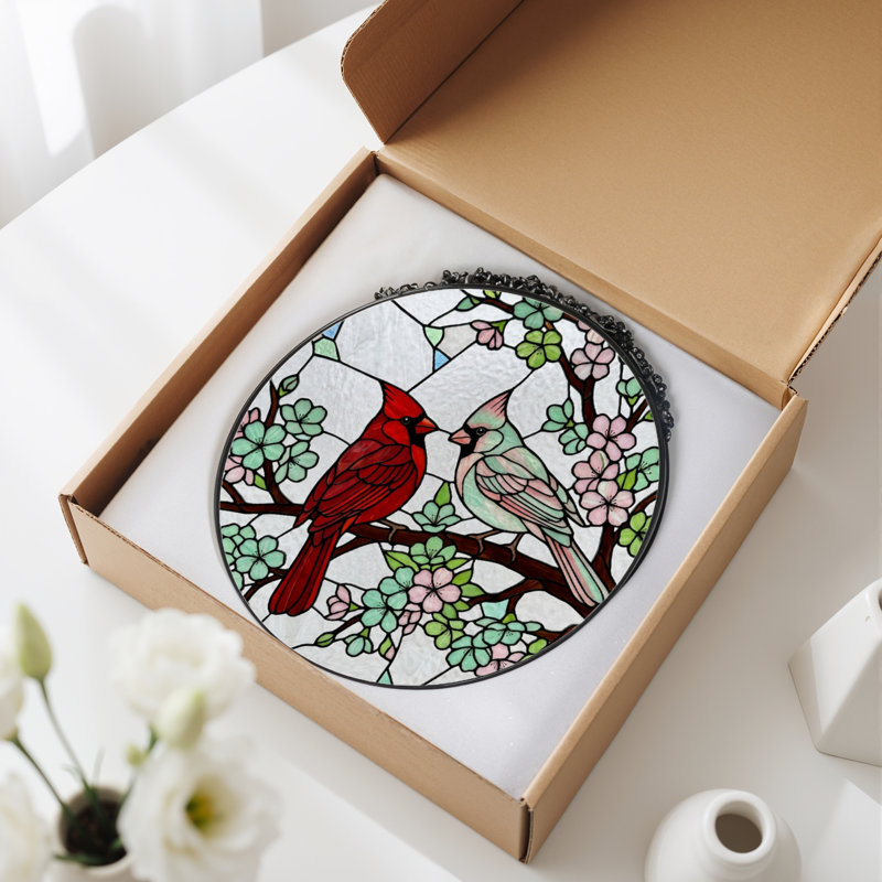 12"H Cardinal Blossom Stained Glass Window Panel, 12" H x 12" W
