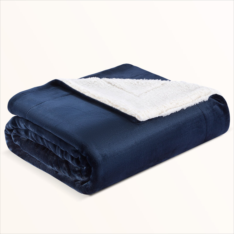 Reversible Sherpa Fleece Throw, Twin, Navy Blue