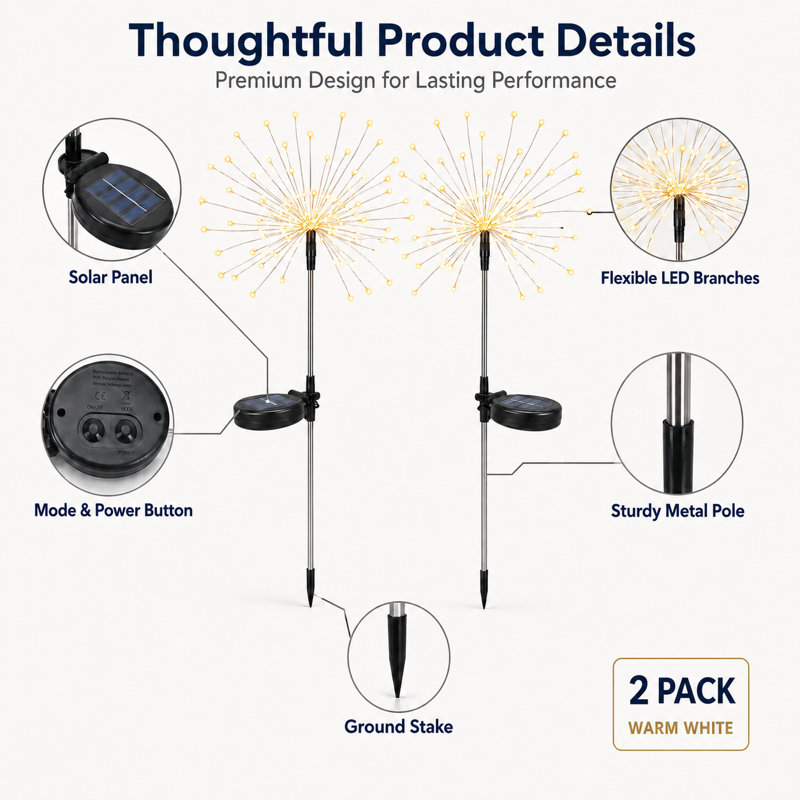 2 - Piece Solar Powered Firework Garden Stake Light Set with Warm White LED Lights, Warm White