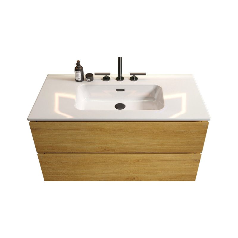 Meuble-lavabo de salle de bain moderne en chêne naturel - Grande capacité, mobilier élégant avec rangement en céramique moderne