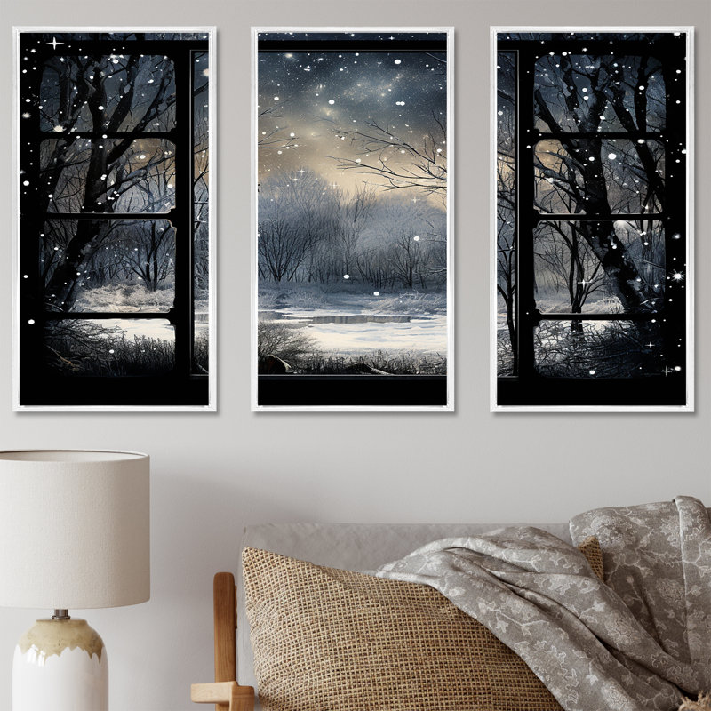 «Midnight Gothic Winter Window View I - Winter Landscape», art mural, H 28 po x l 36 po x P 1 po, Cadre flottant blanc