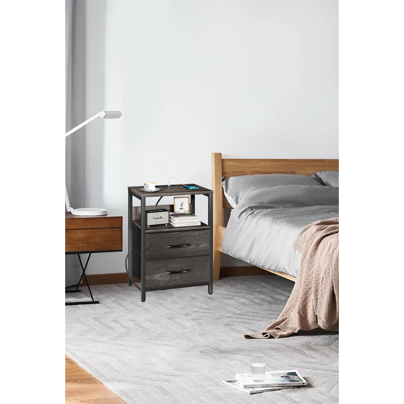 Modern Bedside Table With Charging Station – Stylish & Functional, Charcoal Gray