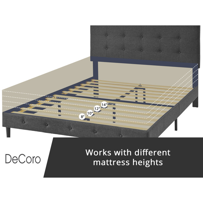 DeCoro Cambridge Upholstered Wooden Platform Bed Frame, King, Dark Gray