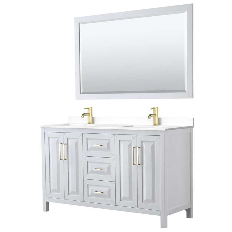 Daria 60'' W Double Vanity, White, White Cultured Marble, Brushed Gold