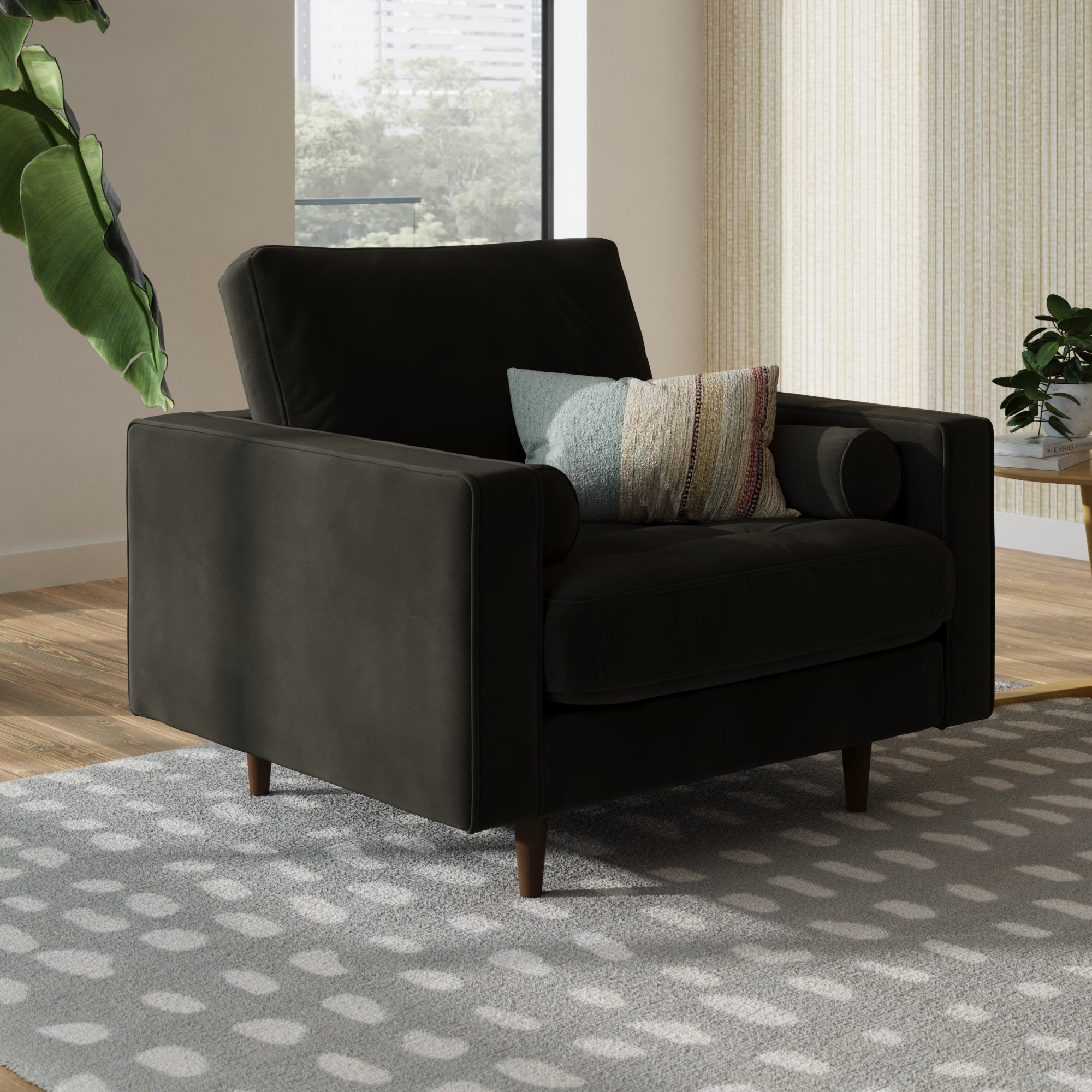 Geo Upholstered Armchair, Bella Smoke Performance Velvet