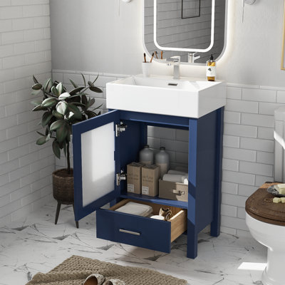 Meuble-lavabo moderne de 20 pouces avec lavabo en céramique et beaucoup de rangement, parfait pour les petites salles de bain et peu encombrant.