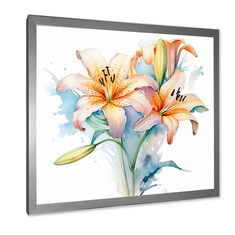 Aquarelle élégante lis pureté II sur toile, Cadre simple argenté, H 36 po x l 36 po x P 1,5 po