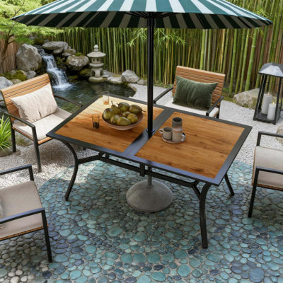 Stable Faux Wood Rectangle Outdoor Dining Table,Rectangle Outdoor Dining Table,Rectangular Patio Table with Umbrella Hole