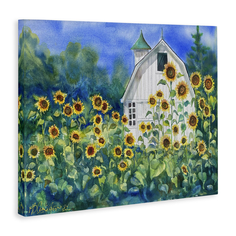 Tall Sunflowers and White Barn Canvas Wall Art