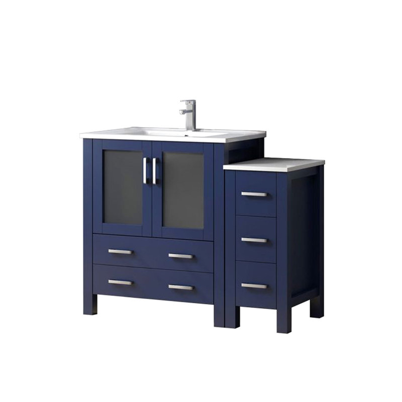 Meuble-lavabo simple bleu marine 42 po W, armoire latérale, plateau en céramique blanche, robinet en acier inoxydable, fonction de fermeture en douceur, 5 tiroirs et 1 armoire intérieure large pour la salle de bain avec surface, robinet,