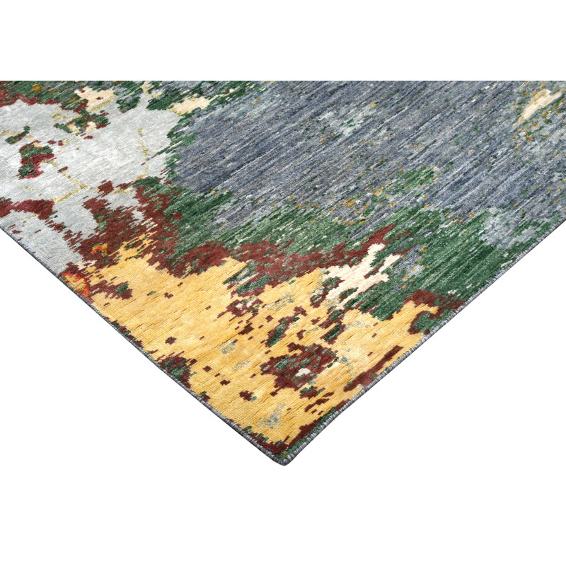 Hand-Knotted High-Quality Gray, Yellow, and Green Area Rug