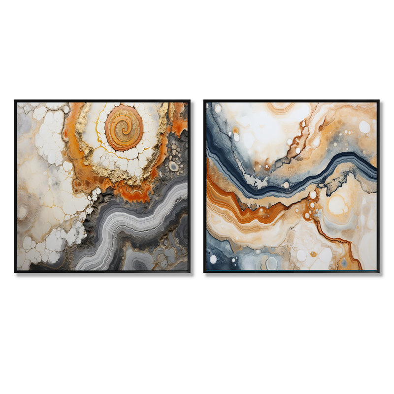 Beige et jaune pierre Geode Simplicity - Ensemble de 2 collages carrés en géode de pierre, Cadre flottant noir