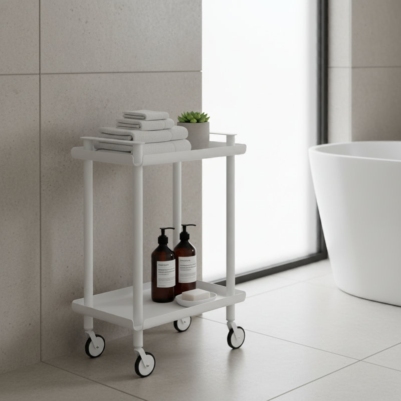 Bar & Serving Cart with 2 Shelves – White Steel Frame on Wheels – VALEN