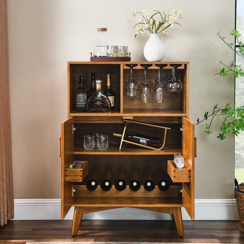 31.5 Inch Liquor Cabinet with Wine Glass Holder and Wine Rack | Adjustable Shelf, Rustic Sideboard Buffet Cabinet for Kitchen, Coffee Bar, Dining Room