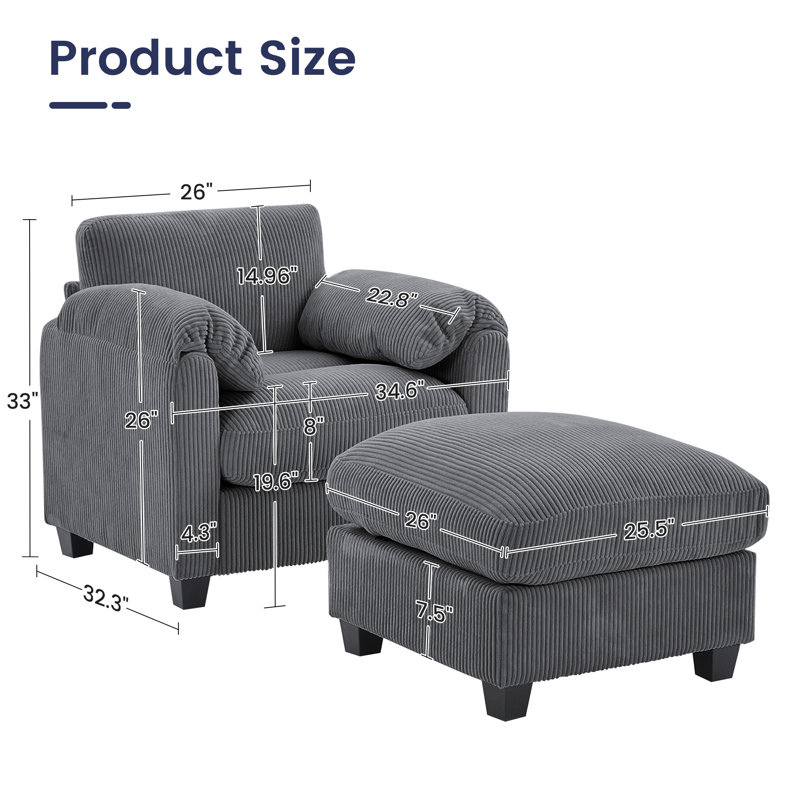 Fauteuil d'appoint 34,6 po avec repose-pieds, Velours côtelé gris foncé