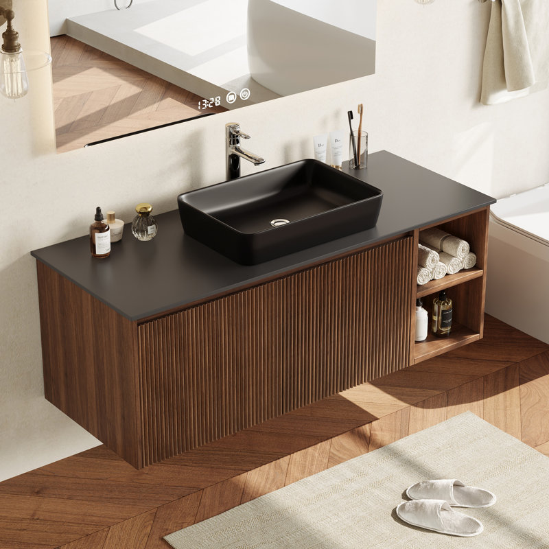 Ensemble de meuble-lavabo flottant simple 48 po avec lavabo, meuble-lavabo mural avec vasque en pierre frittée noire, vasque en céramique, tablettes ouvertes et armoire