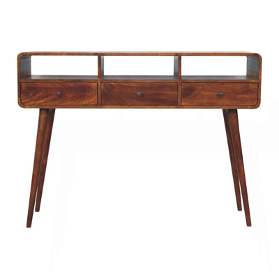 Solid Wood Triple Curved Chestnut Console Table, 3-Drawers, 3 Open Slots, Nordic Legs, Brown