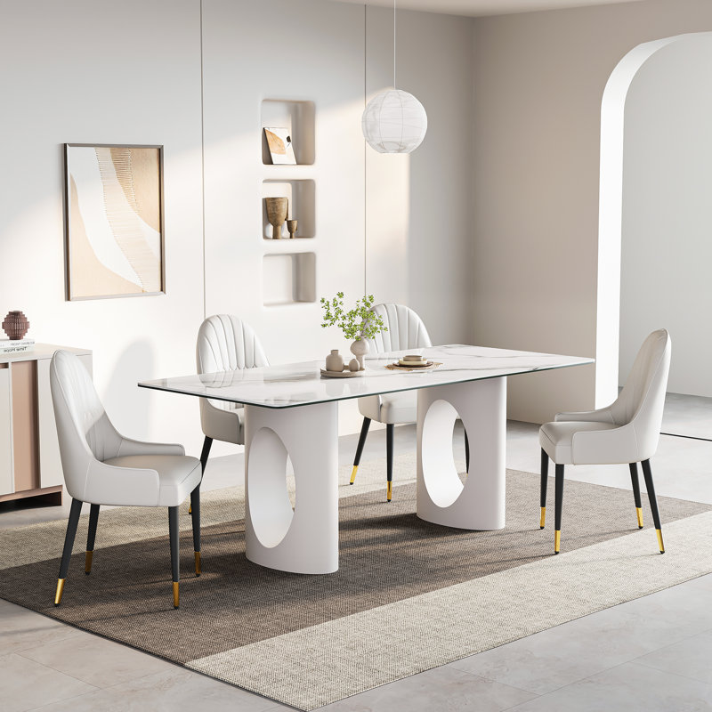 5-Piece Glass Top Dining Table Sets, White, White