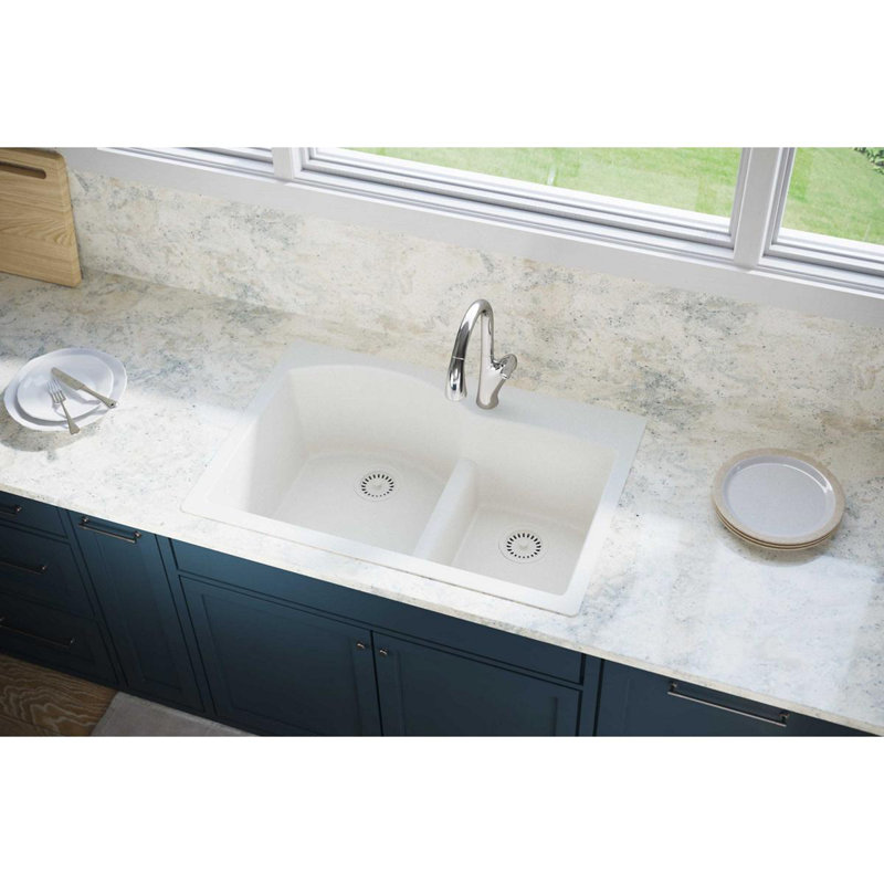 Évier de cuisine à double cuve à montage sur plan avec diviseur turquoise Quartz Luxe L 33 po x l 22 po, Ricotta