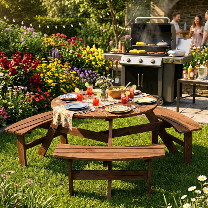 Ensemble de table de pique-nique 6 personnes avec 3 bancs intégrés et trou pour parasol, brun, Brun