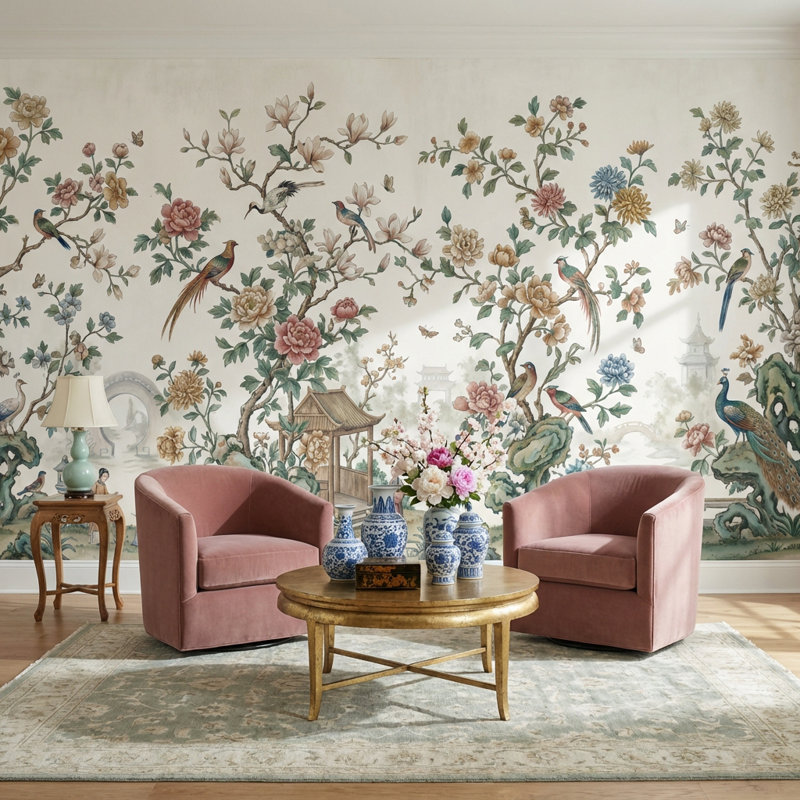 Papier peint chinois avec oiseaux chinoiserie, 100"x96", Peler et coller