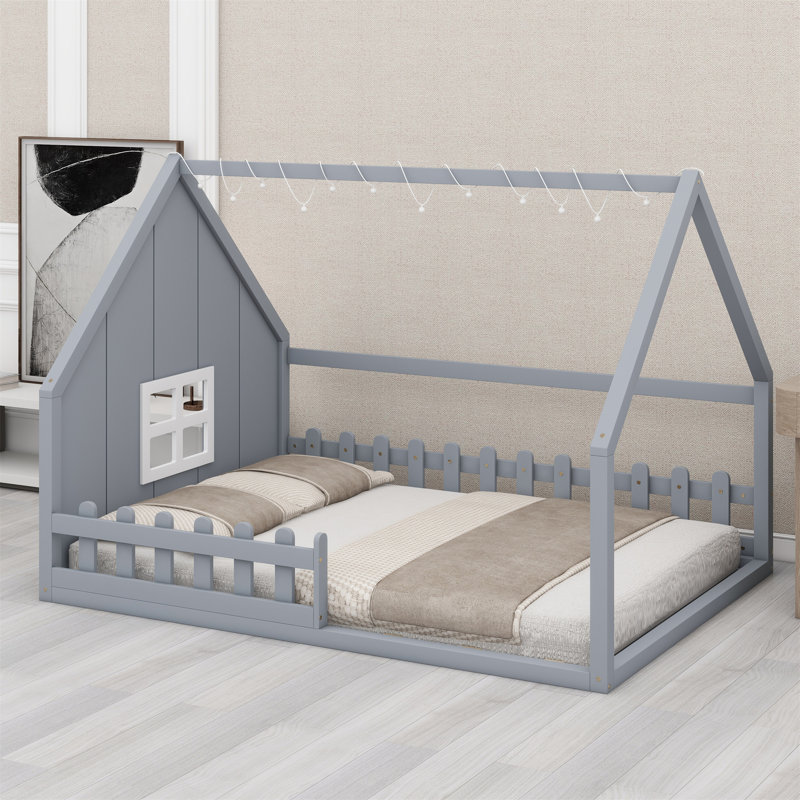 Lit maison avec fenêtre et clôture, DEL, Gris