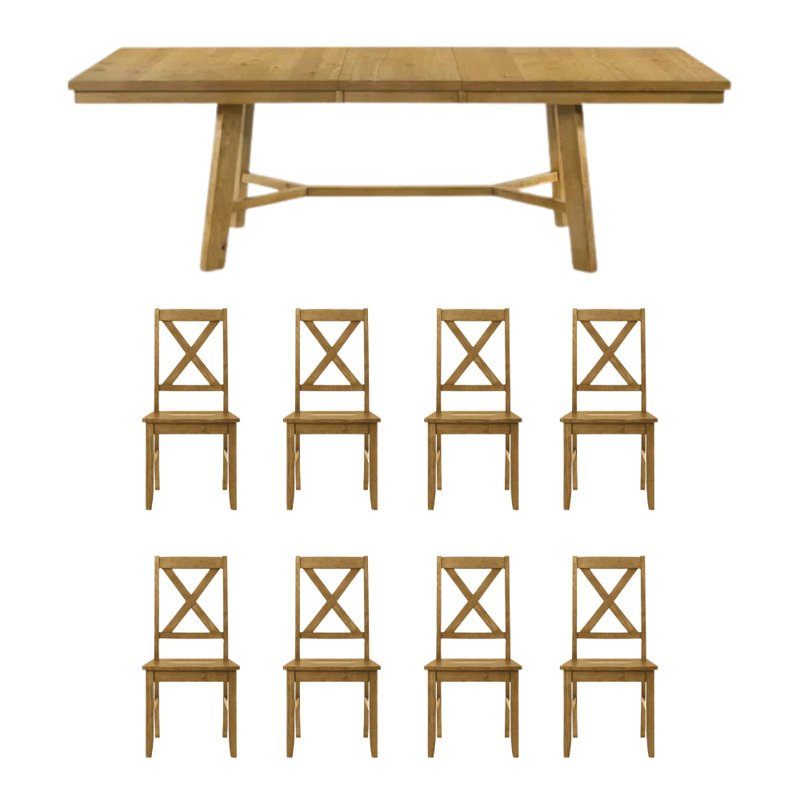 Oaklyn Modern Extendable Rectangular Dining Table Set, 9 Pieces: Table, 8 Chairs, Light Yellow Wood