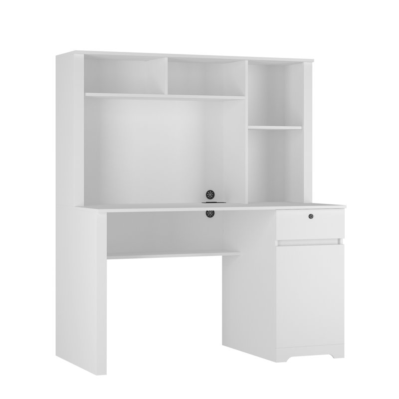 Bureau d'ordinateur avec huche et bibliothèque, Blanc / blanc, Retour à droite