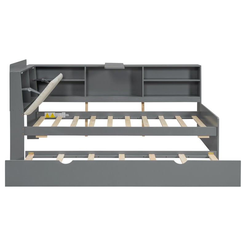 Lit plateforme en bois avec lit gigogne, tablettes et tête de lit avec rangement, gris, Double