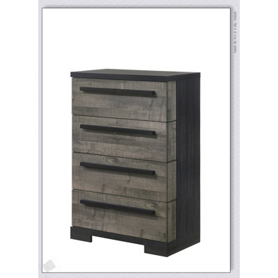 Commode contemporaine à 4 tiroirs avec finition brune et grise, parfaite pour le rangement et l'organisation de la chambre à coucher moderne.