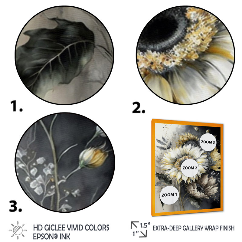 Tournesol blanc - art mural grand tournesol, H 20 po x l 12 po x P 1 po, Impression sur dorée toile encadrée