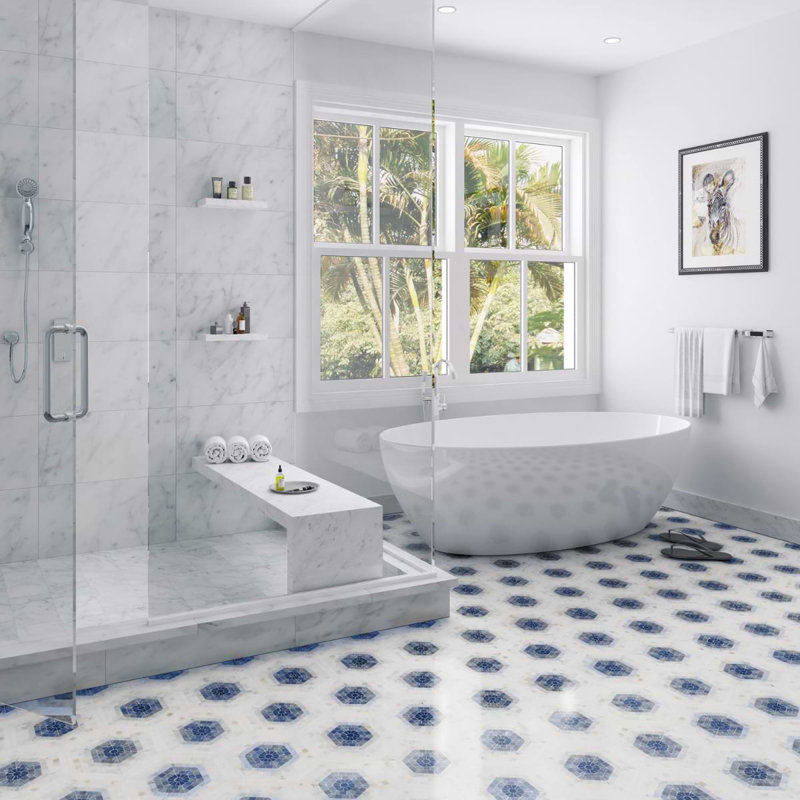 Ako 6" Hexagon Marble Micro Mosaic Tile, Azul Blue