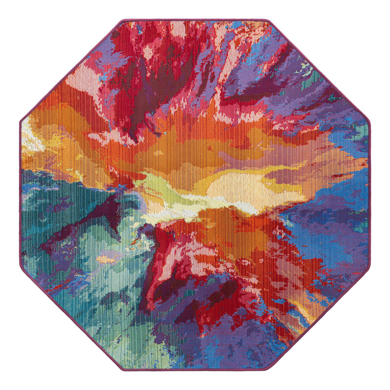 Tapis bleu / rouge / orange en polypropylène tissé à la machine Azaleea, Octagon 4'1" x 4'1"